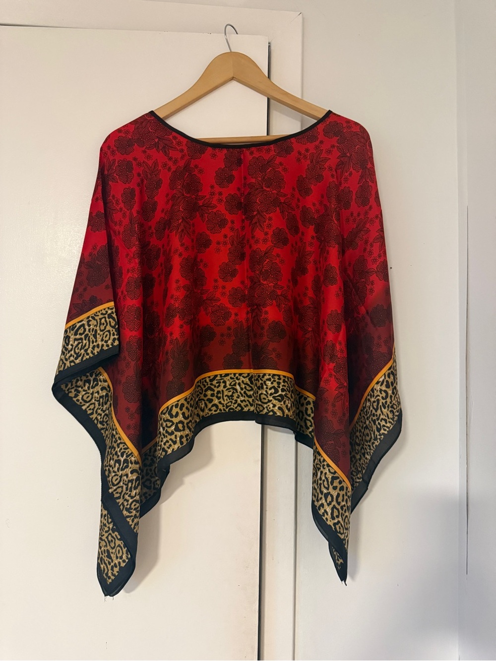 Red Floral & Leopard Border silk like Poncho( New)